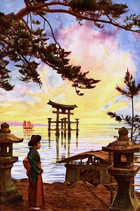 Asian artwork with Shinto gate in water under colorful sky seen through tree branch leaves from VintageBlue on https://pixabay.com/en/asia-asian-oriental-japanese-976160/