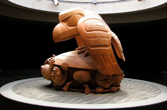 Sculpture of “Raven and the First Men" by Bill Reid, Museum of Anthropology, UBC, Vancouver, British Columbia, photo by D. Gordon E. Robertson on Wikipedia at https://commons.wikimedia.org/wiki/File:Raven_and_the_First_Men,_left_side.jpg#mw-jump-to-license